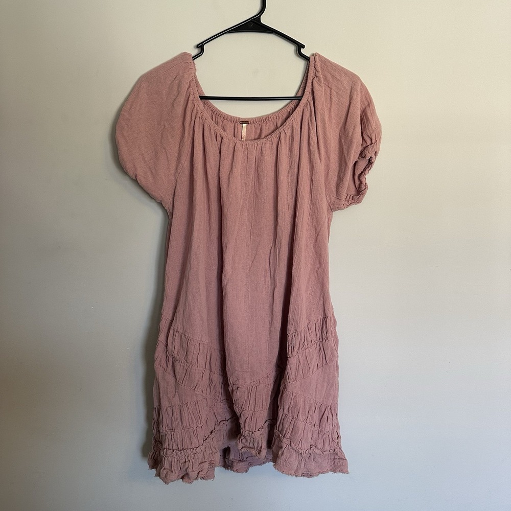 Free People Pink Scoop Neck Ruffle Tiered Shift Mini Dress Small